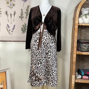 Vintage 90s Y2k Silk Leopard Beaded Floral Skirt Sexy Gyaru Trashy McBling XL